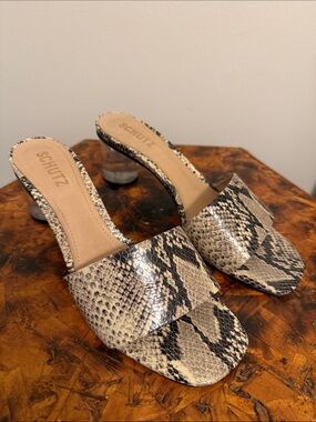 Women’s SCHUTZ Mirlande Clear Heel Slides, Beige and Black Snake-Print, sz 8.5